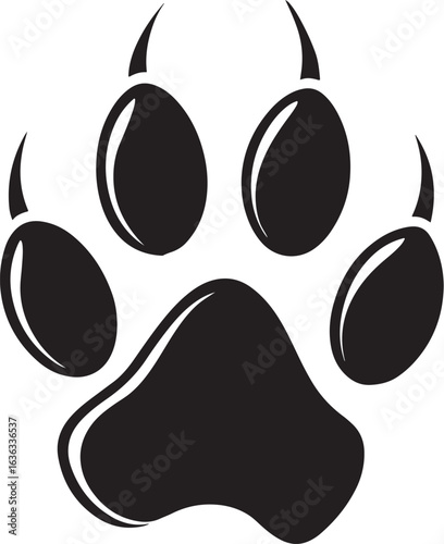Vector illustration of a predator paw print. A bold, black and white graphic icon of a wolf, dog, or big cat track, perfect for logos and design elements.
