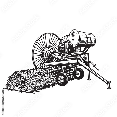 Black and white illustration of a hay baler agricultural machine on a white background