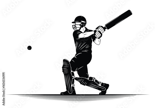 Silhouette of a cricket batsman in action, preparing to hit the ball, isolated on white background sports silhouette