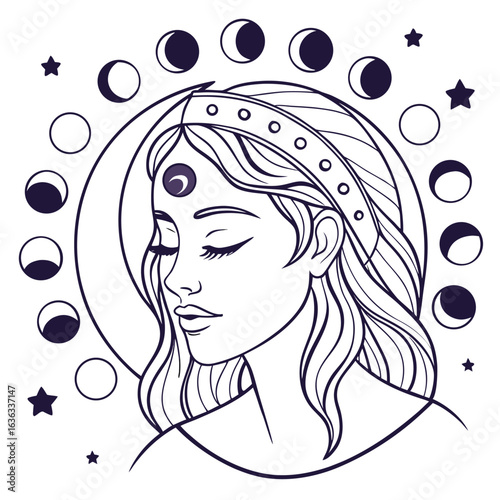 Mystical woman s face with a prominent third eye adorned by celestial moon phases and cosmic elements rendered in a vibrant color palette