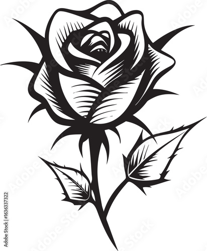 Monochrome rose flower with thorns and leaves, a classic black and white floral vector illustration. Elegant tattoo style graphic design element isolated on a white background. 29 Fl.eps