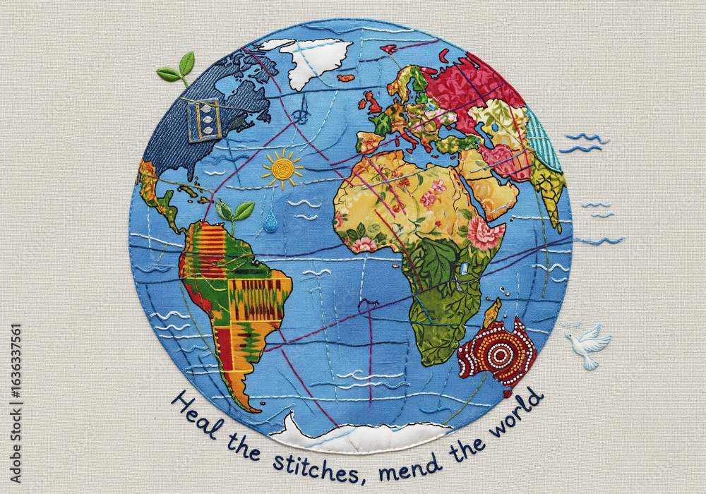 Fototapeta premium Embroidered World Map with Global Connections (generative ai)