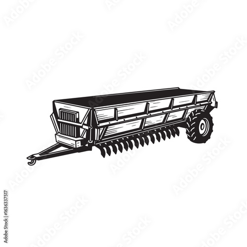 Black and white vector illustration of a vintage agricultural seed drill machine
