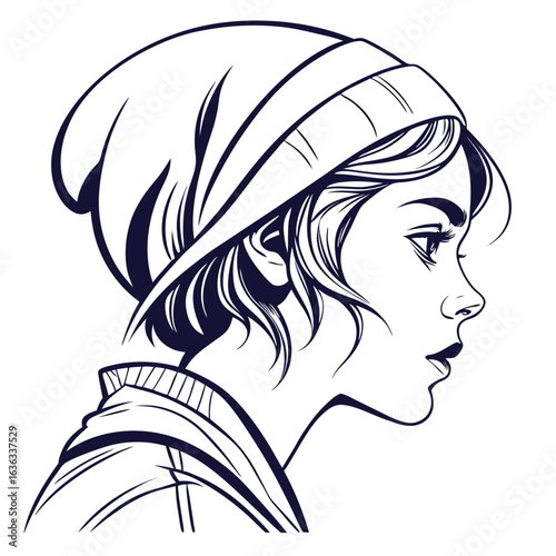 Minimalist one line artistic portrait of a young girl with abstract fragmented elements rendered in a modern clean vector style