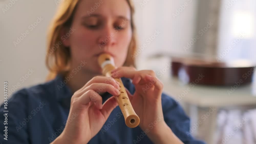 A young woman practices playing the recorder indoors, focusing on finger technique and breath control. A calm, educational moment captured in soft daylight. A young woman practices playing the recorder indoors, focusing on finger technique and breath control. A calm, educational moment captured in soft daylight.