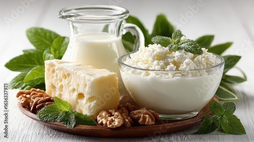 Dairy Products Still Life: Cheese, Cottage Cheese, Milk and Walnuts