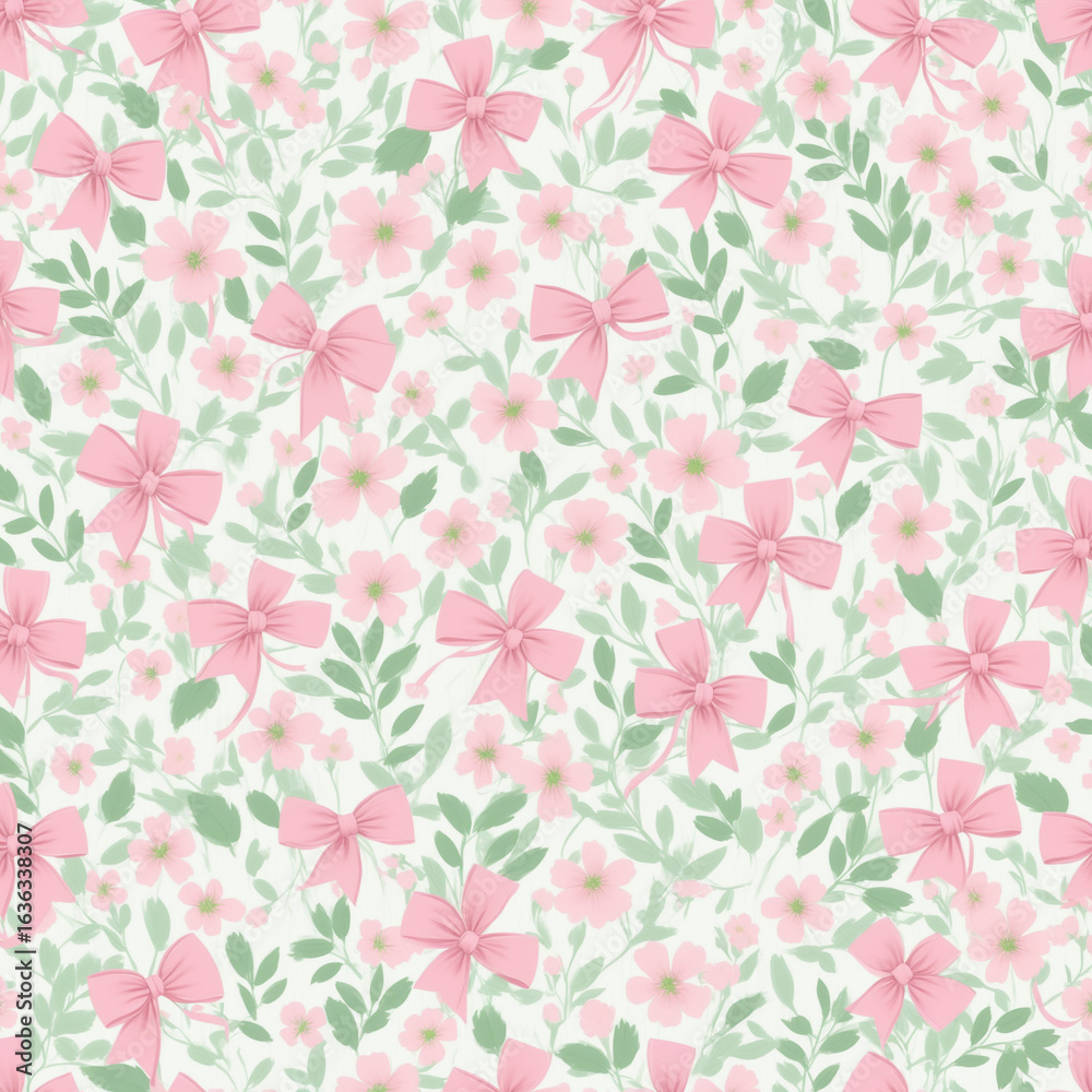 Fototapeta Floral Pattern With Pink Bows and Green Leaves on White Background