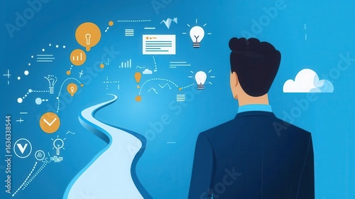 Businessman looks toward a pathway illustrating the process of starting a business, from planning and idea generation to achieving goals