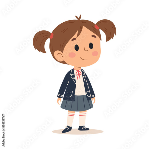 Cute little girl in school uniform. Vector illustration in cartoon style.