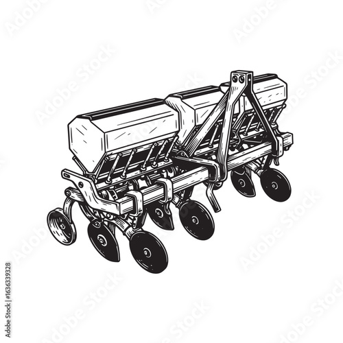Detailed black and white illustration of a farm seeder agriculture machinery equipment