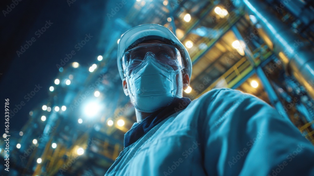 Obraz premium Close-up of a determined industrial worker wearing yellow safety helmet and jacket, looking upward at construction site with metal structures.