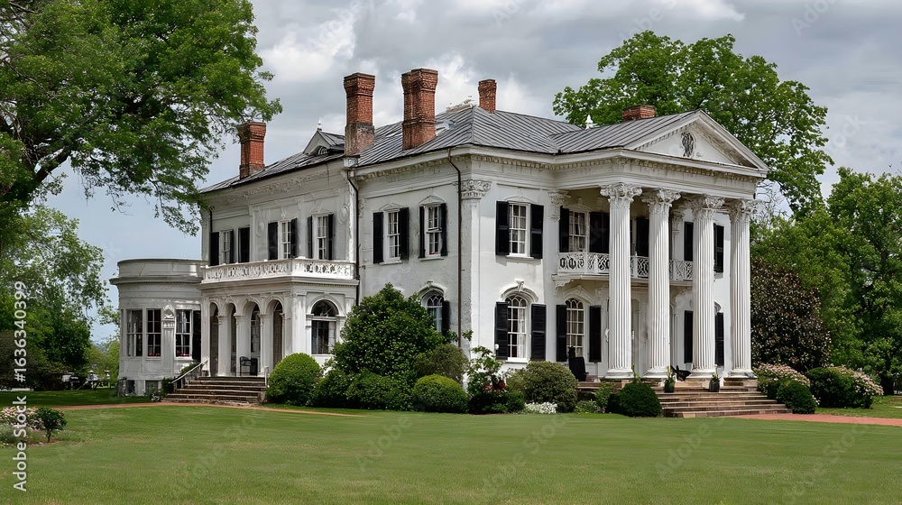 Naklejka premium Grand white plantation house with classic architectural details.