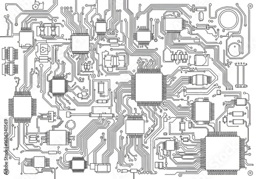 Black and White Line Drawing of a Computer Circuit Board