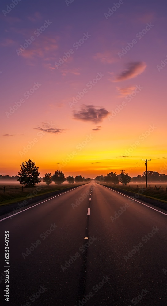 Naklejka premium Empty road at sunrise symbolizing national rest and reflection