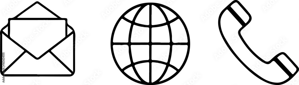 Naklejka premium Three simple black and white graphic icons representing communication methods including an envelope globe and telephone handset silhouette
