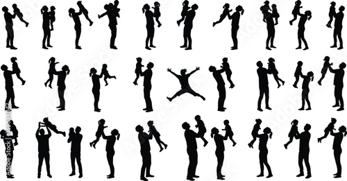 Adult child silhouettes, family bonding, playful interactions, parent holding child, emotional connection, cartoon vector set, love, childcare, parenting