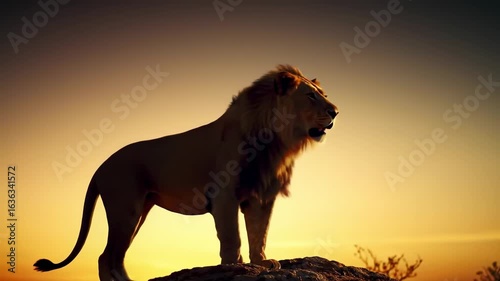 Majestic lion silhouette at golden sunrise