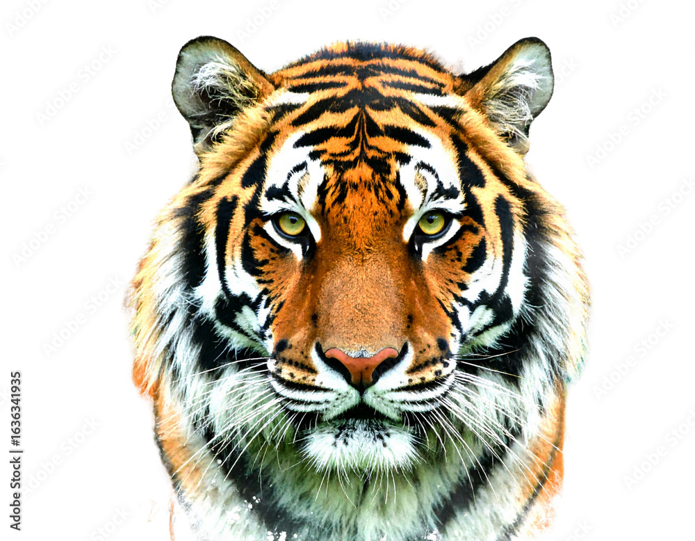 Fototapeta premium Front-Facing Tiger Portrait in Expressive Oil Brushwork, Transparent Background