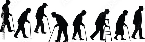Aging silhouette progression, walking aids support, cane to walker transition, elderly mobility concept, black and white generational health illustration