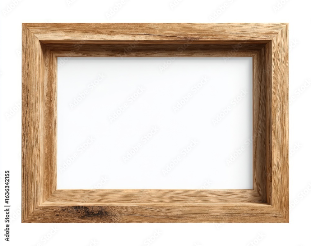 Light-brown wooden picture frame, rectangular shape, empty interior Light-brown wooden picture frame, rectangular shape, empty interior