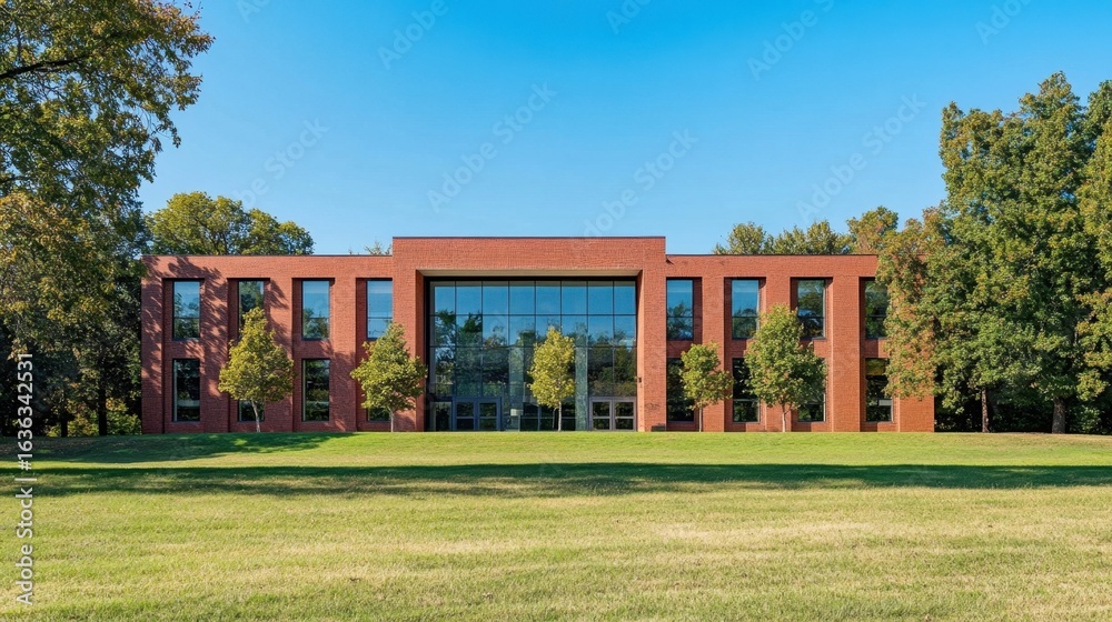 Fototapeta premium Modern Brick Building on Green Lawn.