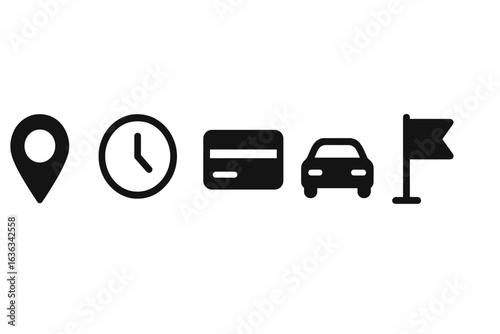 Icons representing location, time, payment, transportation, and event planning in a minimalist design