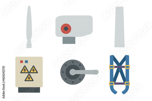 Various safety and industrial equipment components used in a workshop for machinery maintenance and repair tasks
