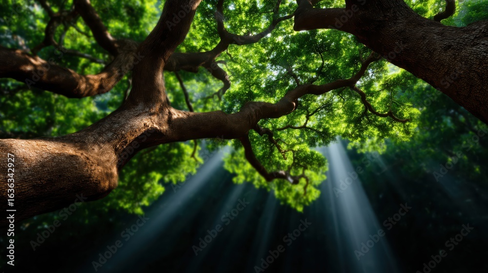 Fototapeta premium Serene forest interior with towering trees and vibrant green foliage