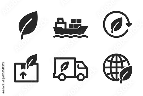 Icon set illustrating sustainable shipping and delivery practices featuring leaves and eco-friendly symbols
