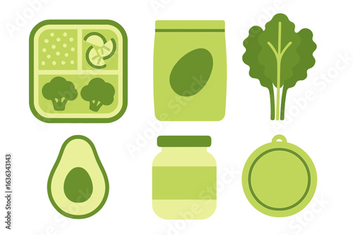 Assortment of green food items including vegetables and condiments for healthy meal preparation