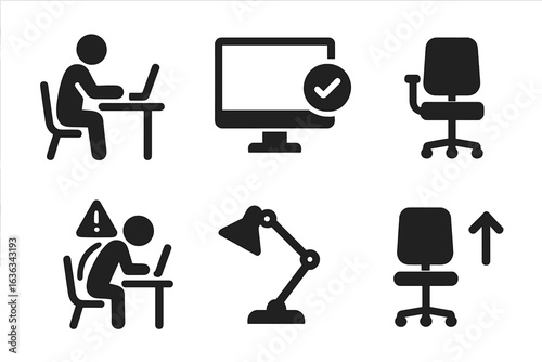 Workspace icons showcasing various office activities and arrangements in a modern setting