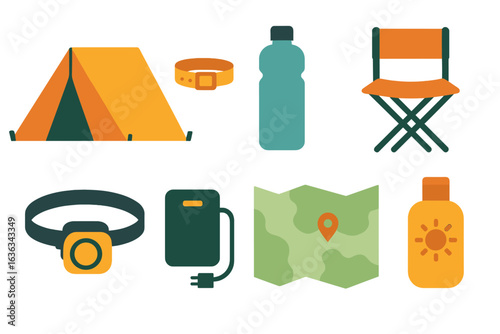Camping gear and essentials for outdoor adventures including tent, chair, and water bottle displayed on a flat surface