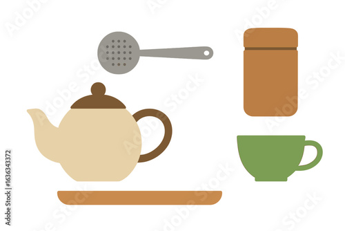Brew a warm cup of tea with kettle, cup, strainer, and tea canister on a wooden surface