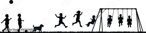 Children and dog silhouette playing outdoors, swing set, ball running, joyful scene, park activity, jumping motion, fun lifestyle moment