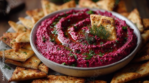 Wallpaper Mural Vibrant beetroot hummus dip surrounded by triangular pita bread on a round plate Torontodigital.ca