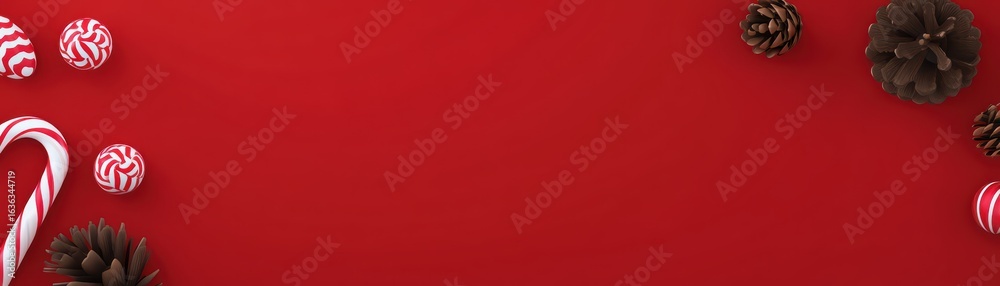 Festive Red Background with Candy Canes and Pine Cones Accents Festive Red Background with Candy Canes and Pine Cones Accents