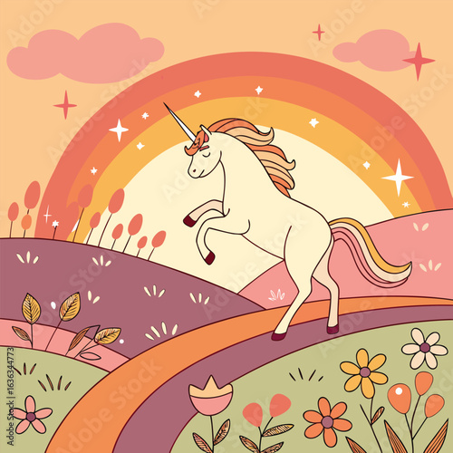 Magical unicorn prancing gracefully through a vibrant rainbow meadow under a bright clear sky ideal for fantasy or celebratory themes
