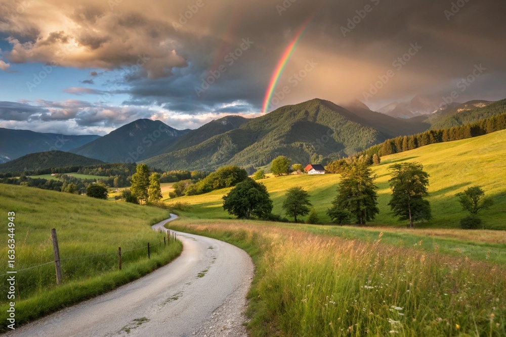 Obraz premium Amazing scene in summer mountains. Lush green grassy meadows in fantastic evening sunlight. Rural road and beautiful rainbow in dramatic sky. 