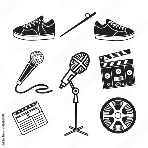 Collection of hand drawn entertainment and performance icons featuring sneakers microphone clapperboard and film reel