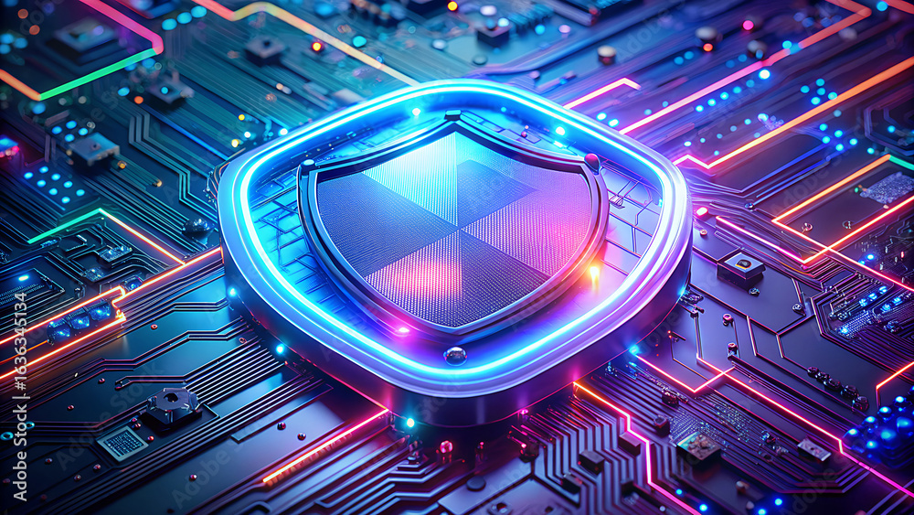 Fototapeta premium Futuristic digital shield emblem glowing with vibrant neon blue and pink light over a complex circuit board representing cybersecurity and data protection