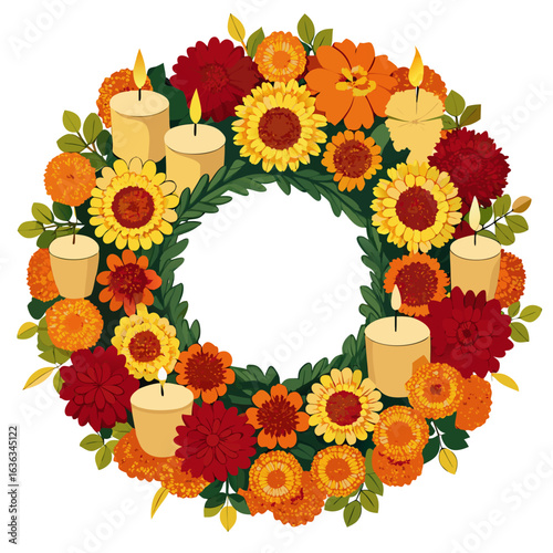 Memorial Wreath with Chrysanthemums, Marigolds, and Candles Vector