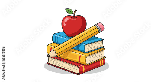 A stack of colorful books with a bright red apple on top and a yellow pencil resting across them symbolizing education and learning