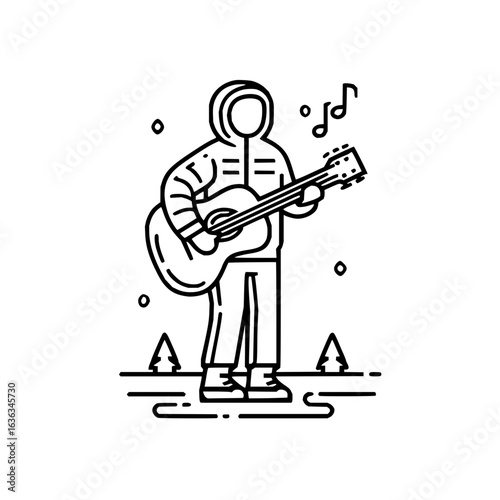 Person in winter clothing playing guitar outdoors with musical notes and trees design art is cool