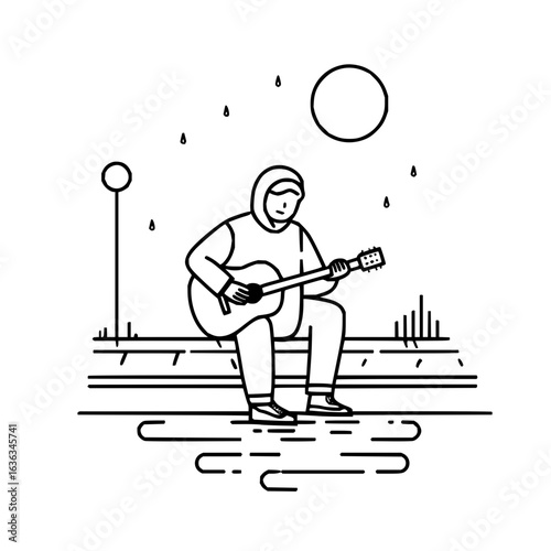 Man playing guitar in the rain under the moon in a simple black and white line drawing style