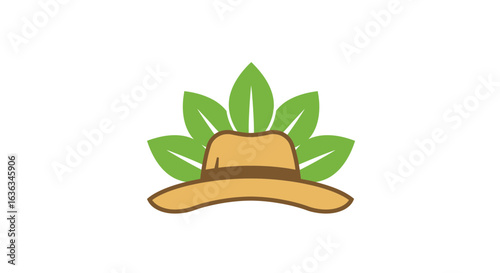 Stylized illustration of a tan safari hat with a brown band set against a backdrop of vibrant green leaves symbolizing nature and adventure