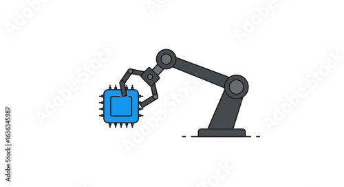 A robotic arm precisely manipulates a blue microchip with multiple pins symbolizing automated manufacturing and technological advancement in electronics production
