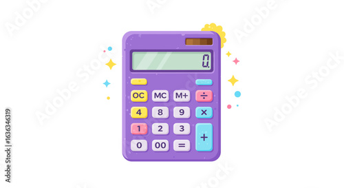 A cute purple calculator with a digital display showing zero and surrounded by colorful sparkling stars and dots perfect for educational or financial themes