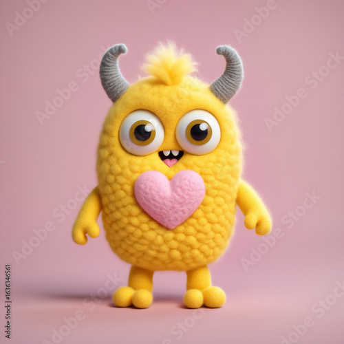 Adorable Monster with Heart-Shaped Details in a Pastel Background fuzzy A perfect representation of love, affection, and cartoon creativity for Valentine's themes or fun designs.