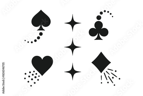 Symbols of playing cards featuring spades, hearts, diamonds, and clubs with sparkling effects on a blank background