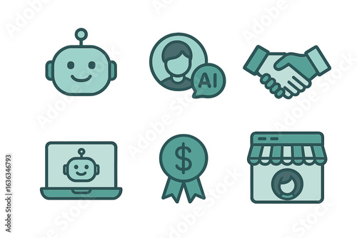 Exploring artificial intelligence through friendly robot icons and business symbols in a modern digital setting